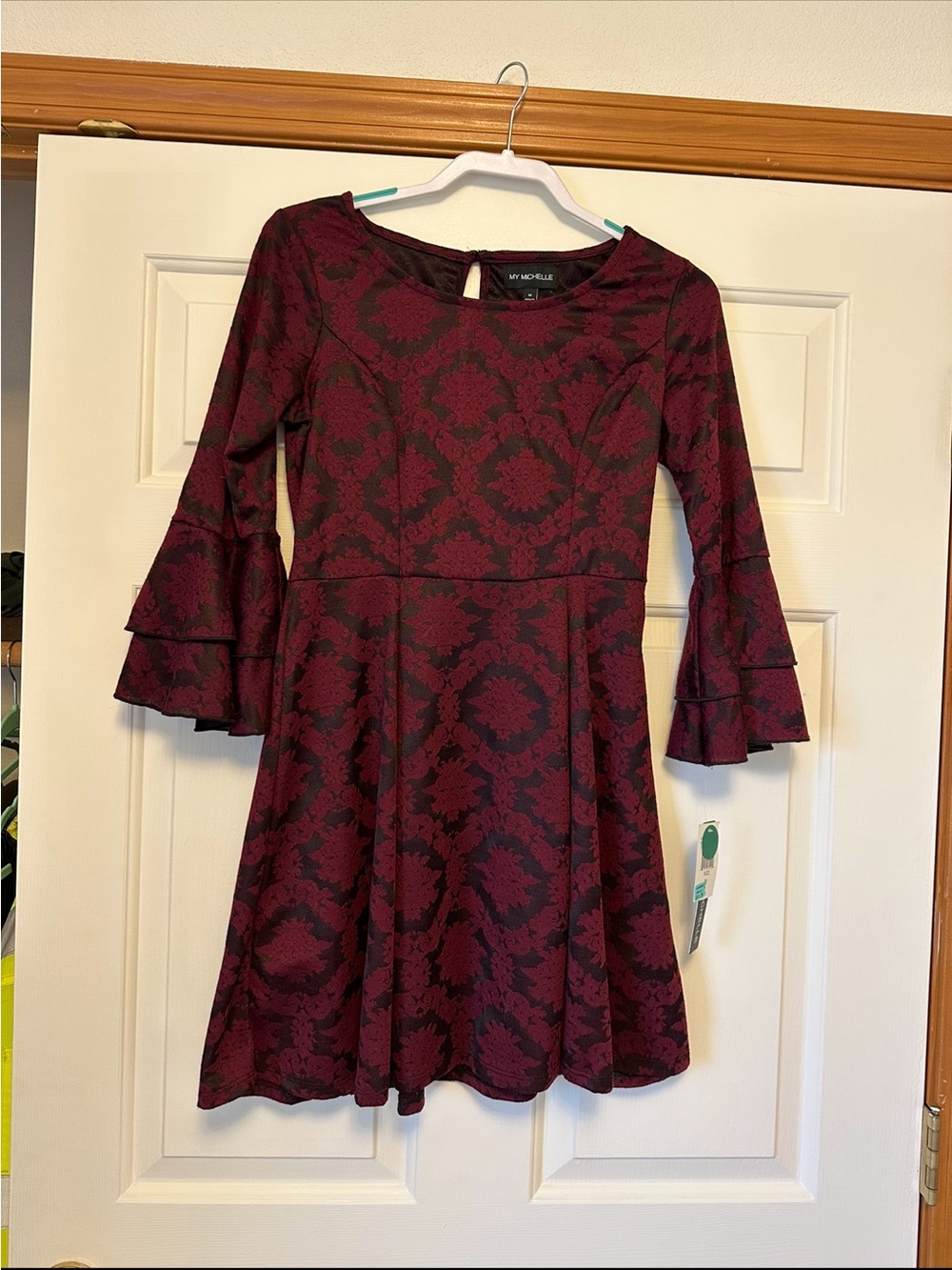 My Michelle Burgundy and Black Floral Fit-and-Flare Dress